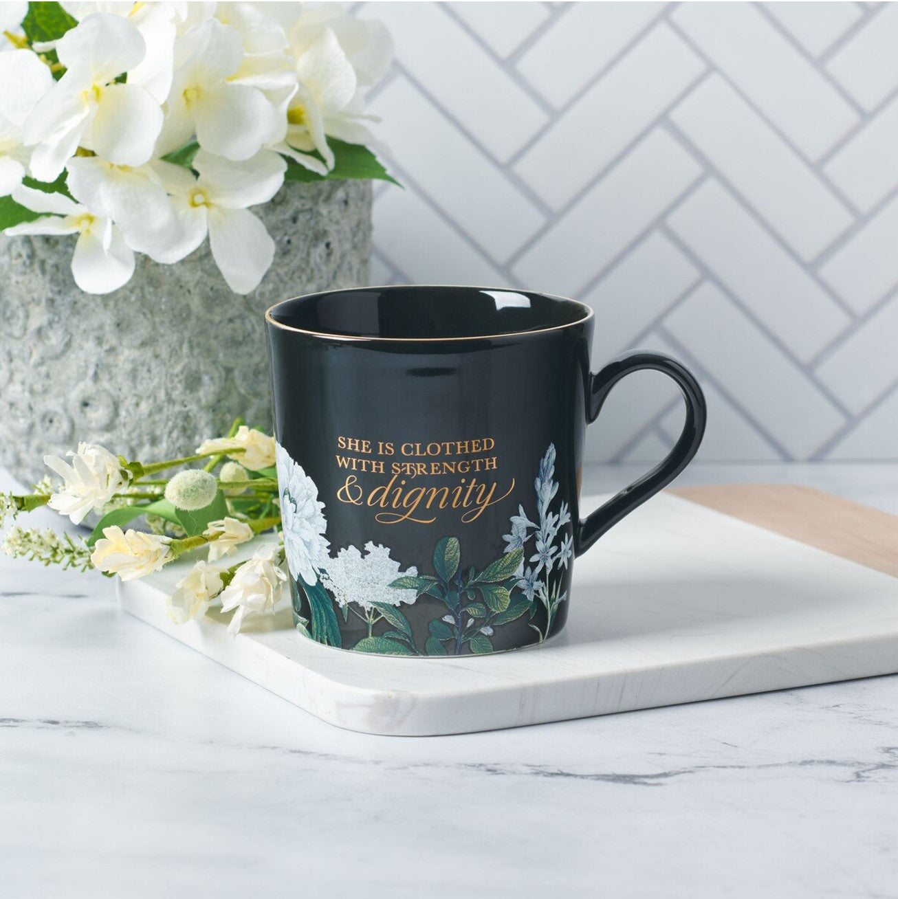 Mug-Strength and Dignity Black Floral Ceramic Coffee Mug - Proverbs 31:25