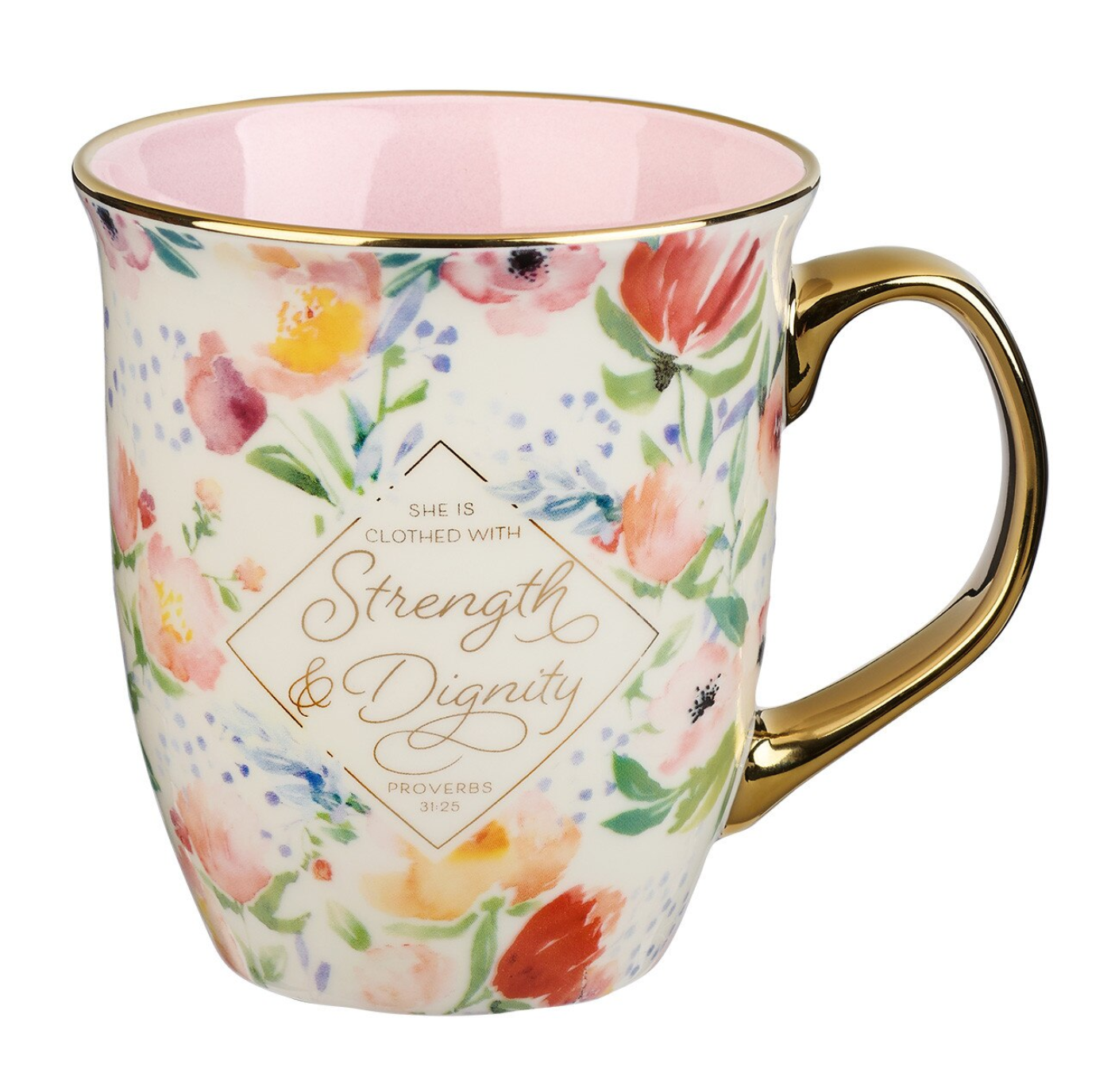 Mug-Strength and Dignity Pastel Floral Ceramic Coffee Mug - Proverbs 31:25