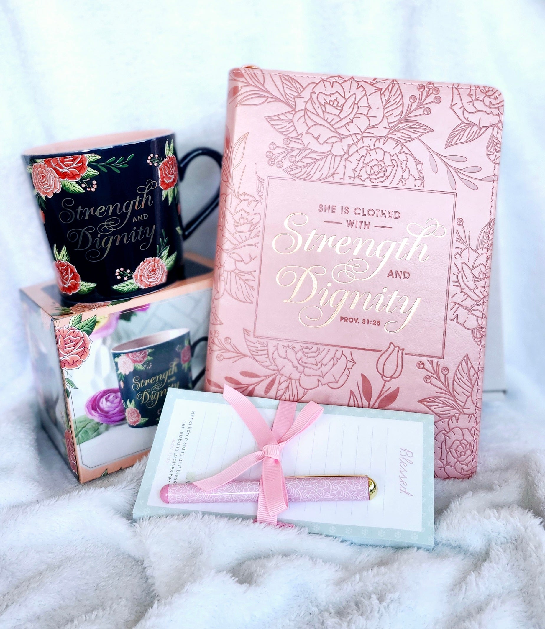 Gift Set- Strength and Dignity Mug , Zipper Journal & Blessed Magnetic Notepad with Pen