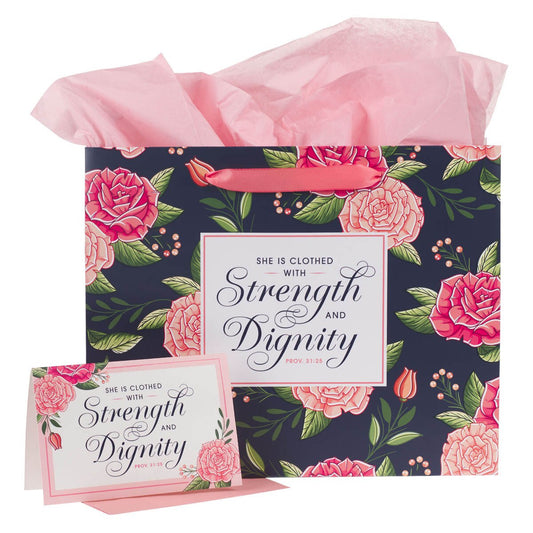 Gift Bag-Strength and Dignity Pink Rose Large Landscape Gift Bag with Card Set - Proverbs 31:25