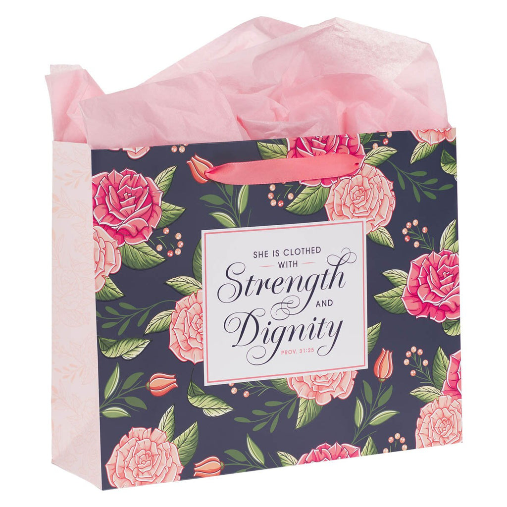 Gift Bag-Strength and Dignity Pink Rose Large Landscape Gift Bag with Card Set - Proverbs 31:25