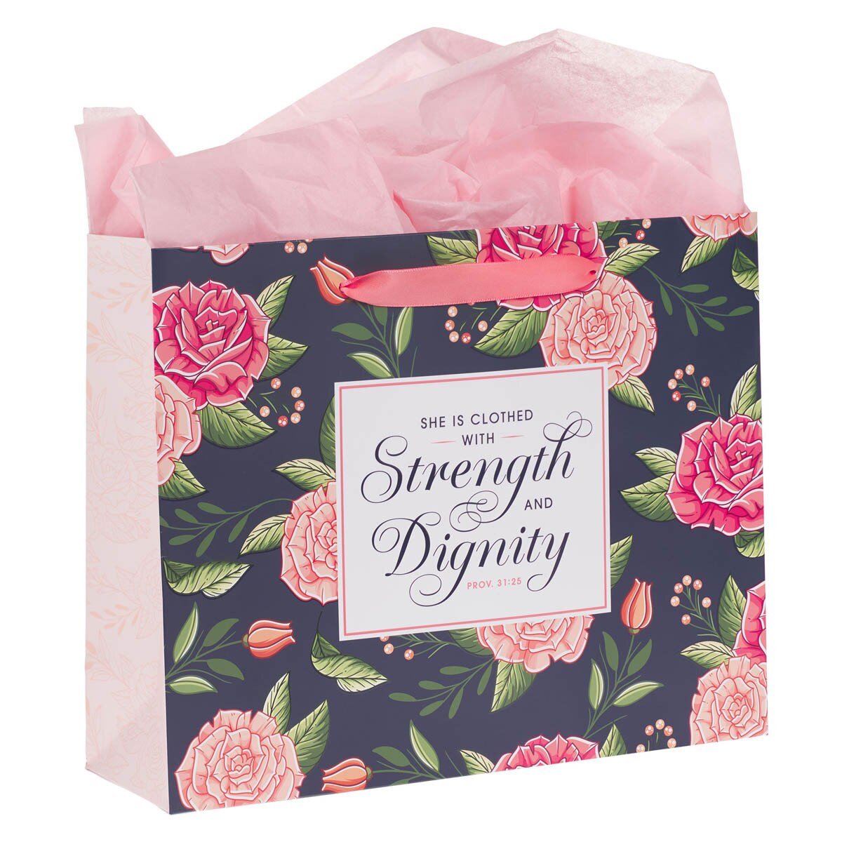 Gift Bag-Strength and Dignity Pink Rose Large Landscape Gift Bag with Card Set - Proverbs 31:25