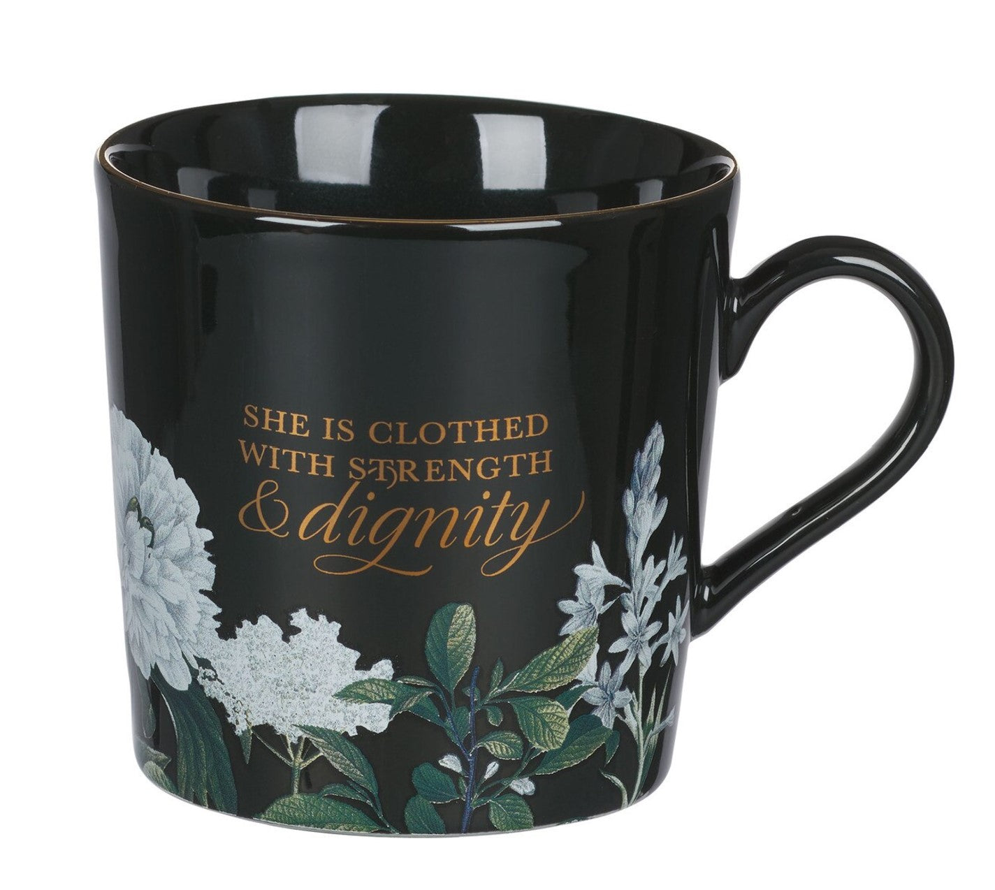 Mug-Strength and Dignity Black Floral Ceramic Coffee Mug - Proverbs 31:25