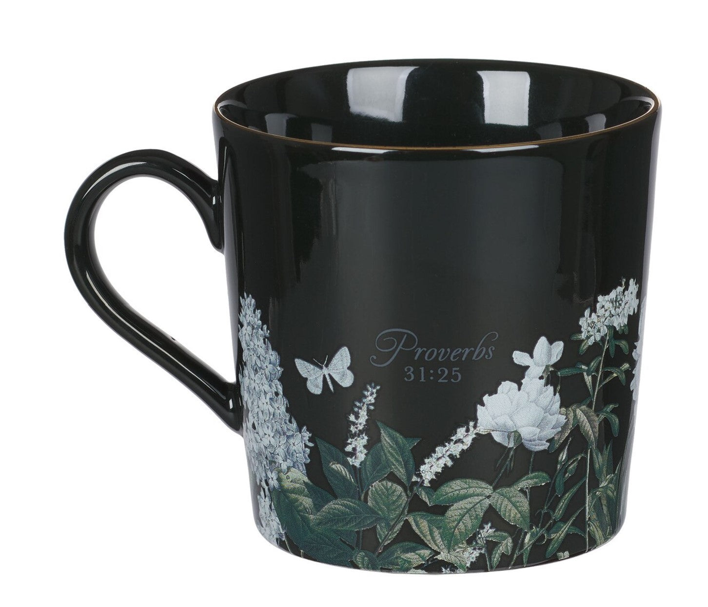 Mug-Strength and Dignity Black Floral Ceramic Coffee Mug - Proverbs 31:25