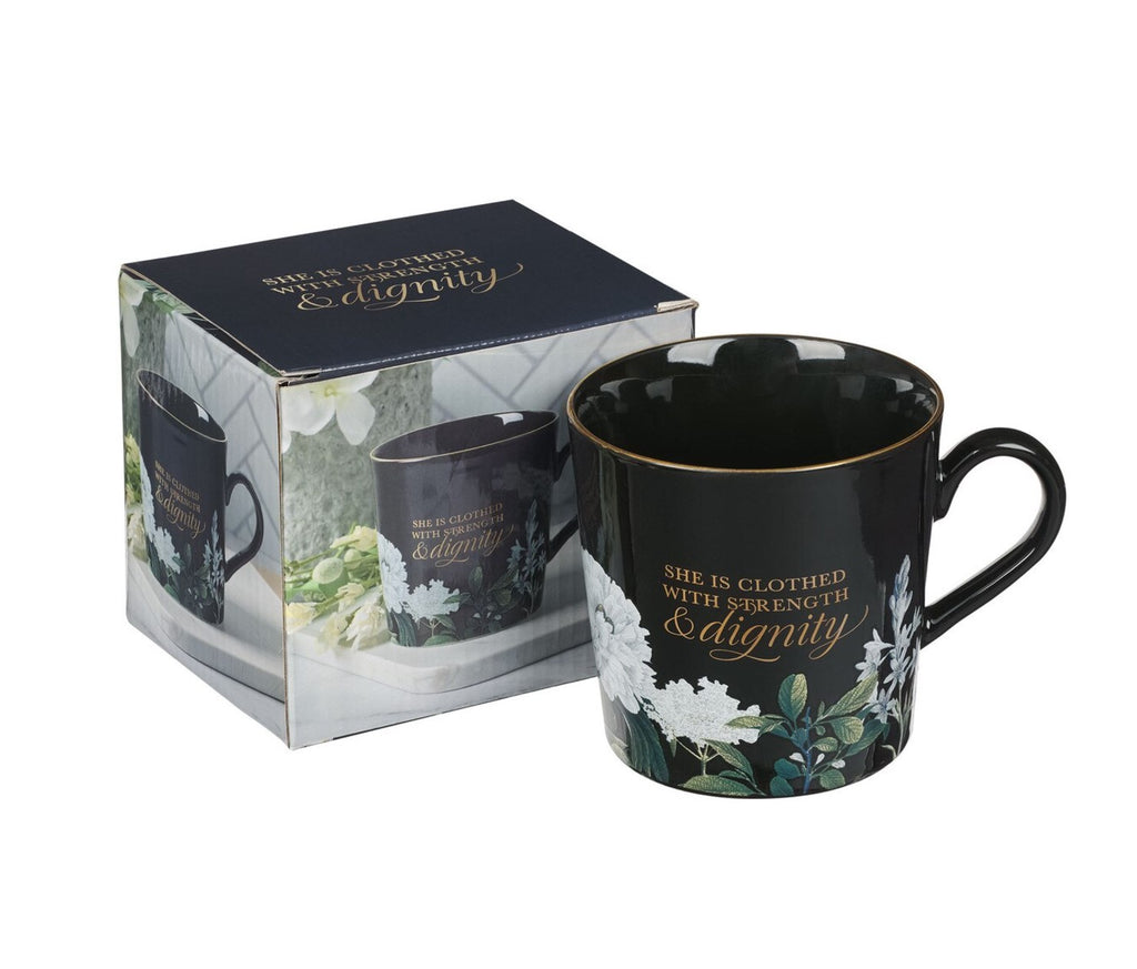 Mug-Strength and Dignity Black Floral Ceramic Coffee Mug - Proverbs 31:25