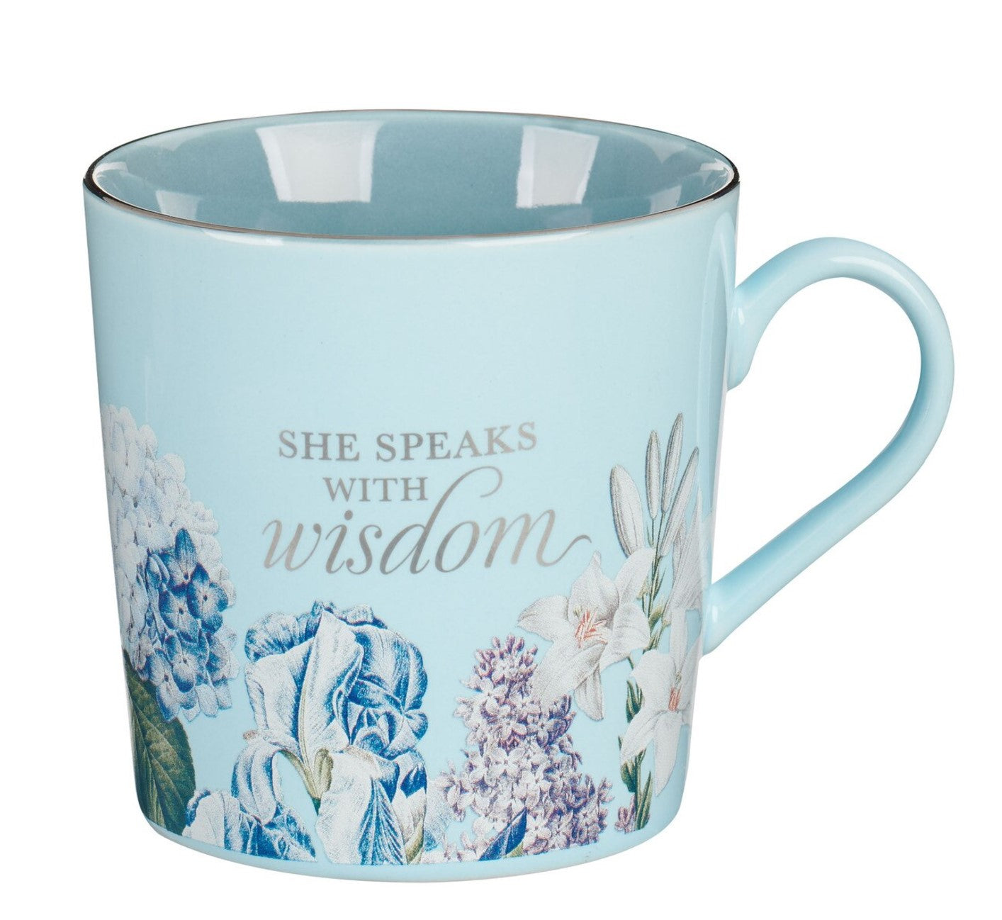 Mug-She Speaks with Wisdom Blue Floral Ceramic Coffee Mug - Proverbs 31:26