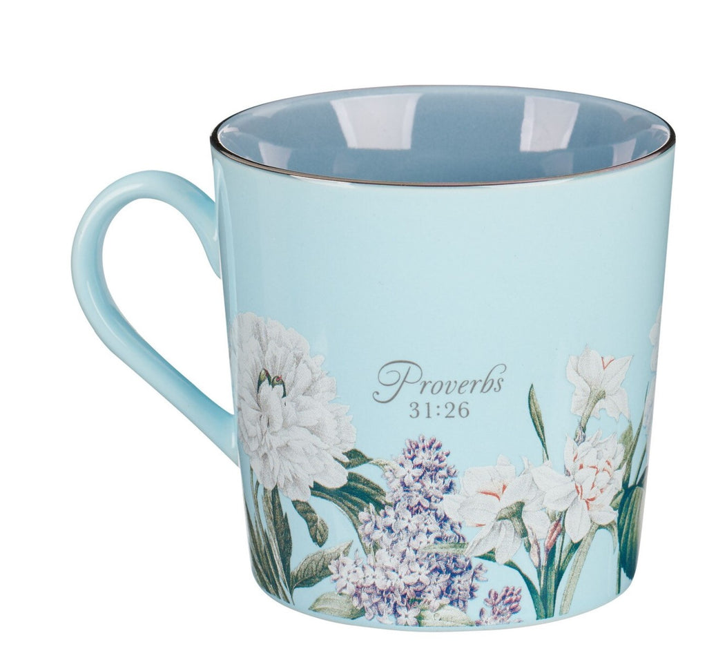 Mug-She Speaks with Wisdom Blue Floral Ceramic Coffee Mug - Proverbs 31:26