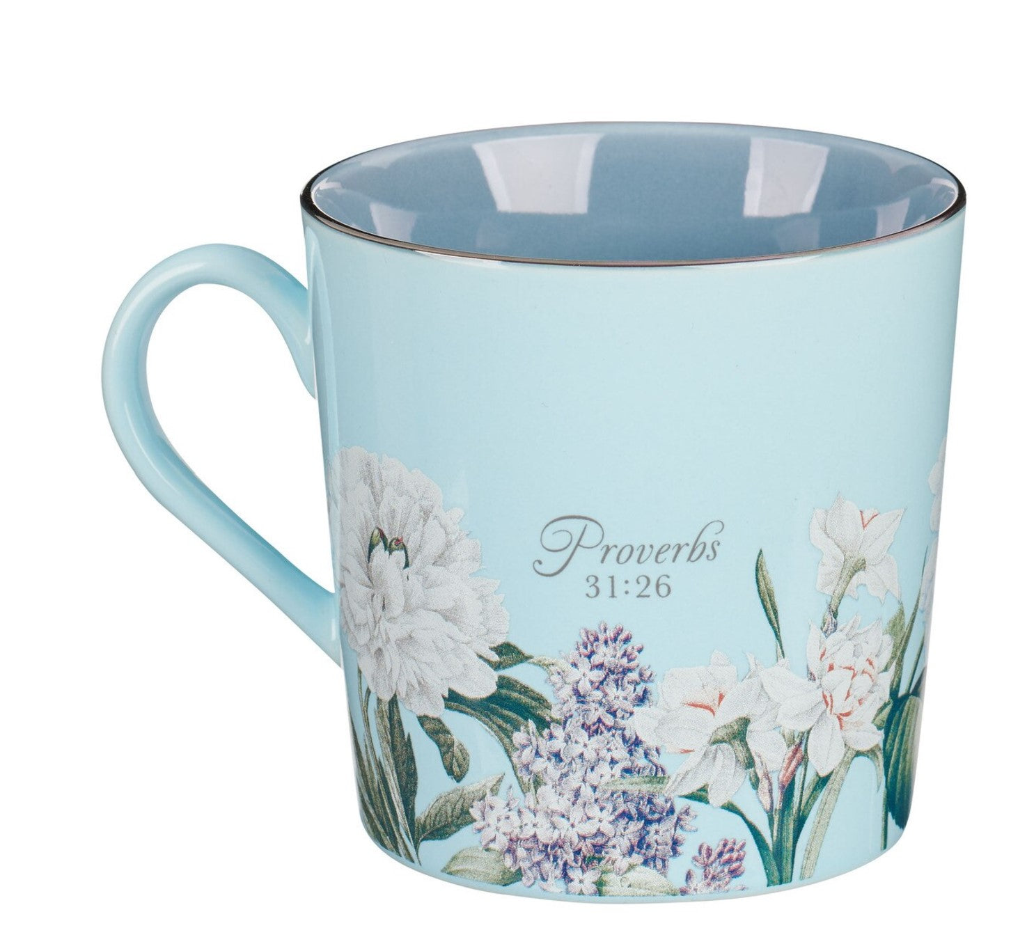 Mug-She Speaks with Wisdom Blue Floral Ceramic Coffee Mug - Proverbs 31:26