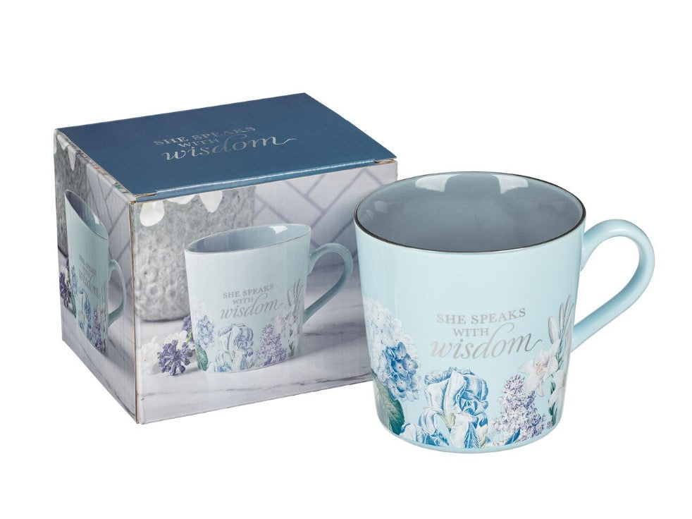 Mug-She Speaks with Wisdom Blue Floral Ceramic Coffee Mug - Proverbs 31:26