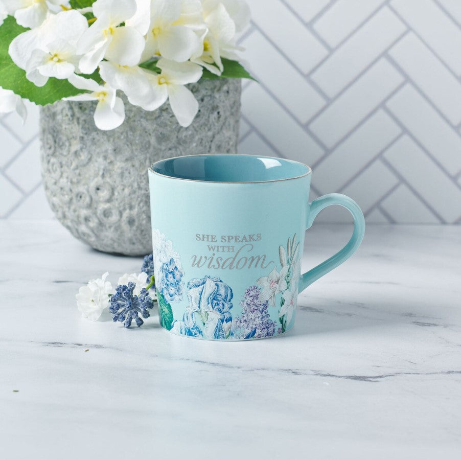Mug-She Speaks with Wisdom Blue Floral Ceramic Coffee Mug - Proverbs 31:26