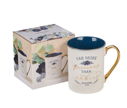 Mug-More Precious than Rubies White and Blue Ceramic Coffee Mug - Proverbs 3:15