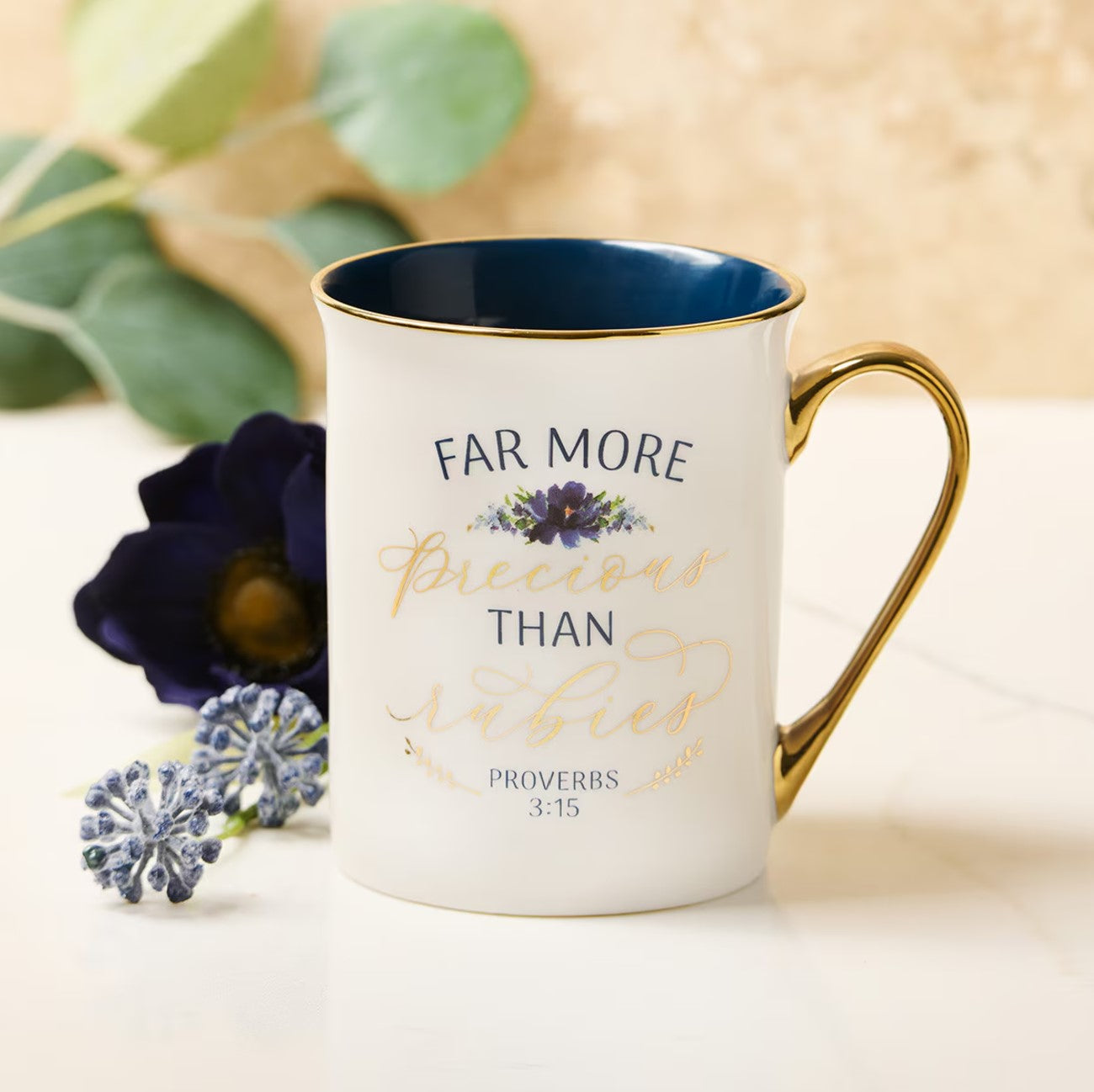 Mug-More Precious than Rubies White and Blue Ceramic Coffee Mug - Proverbs 3:15