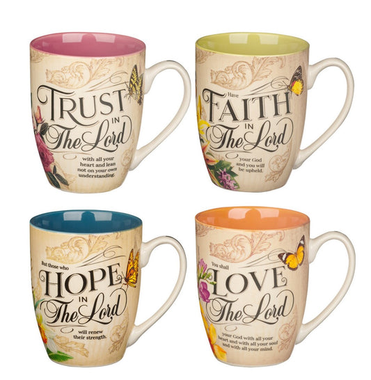 Mug-Faith Trust Hope and Love Floral Mug Set