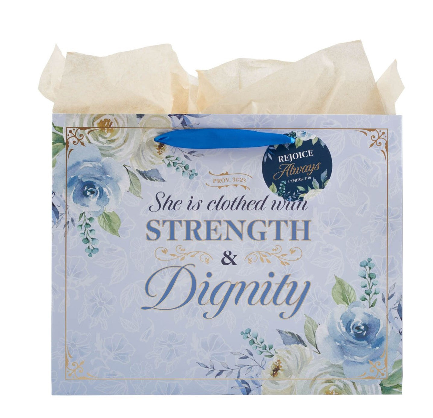 Gift Bag-Strength and Dignity Blue Roses Large Landscape Gift Bag - Proverbs 31:25