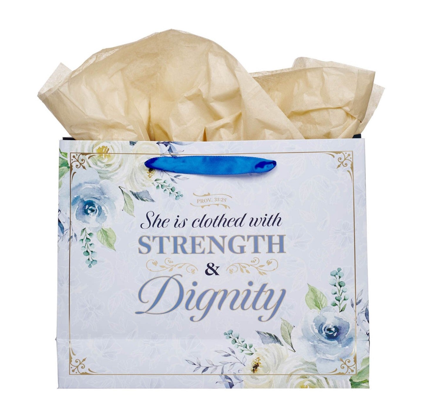 Gift Bag-Strength and Dignity Blue Roses Large Landscape Gift Bag - Proverbs 31:25