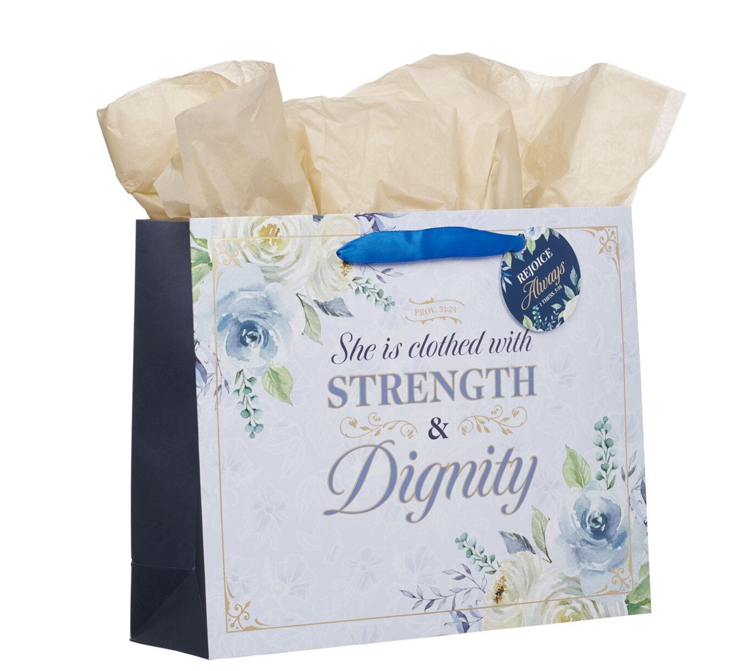 Gift Bag-Strength and Dignity Blue Roses Large Landscape Gift Bag - Proverbs 31:25