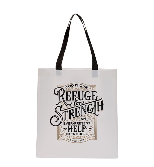 Tote Bag-Refuge and Strength Black and White Shopping Tote Bag - Psalm 46:1