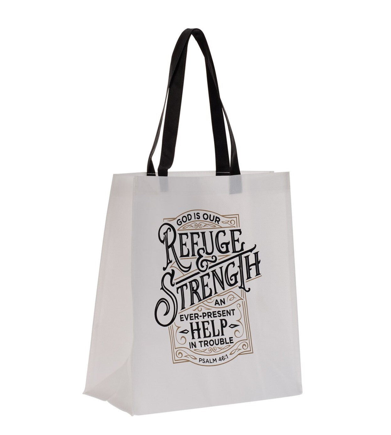 Tote Bag-Refuge and Strength Black and White Shopping Tote Bag - Psalm 46:1