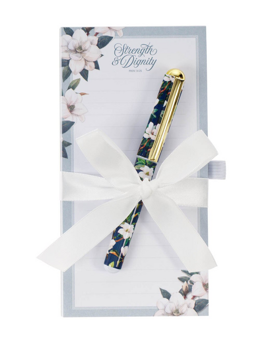 Notepad Gift Set-Strength and Dignity Blush Magnolia Magnetic Notepad and Pen Set - Proverbs 31:25