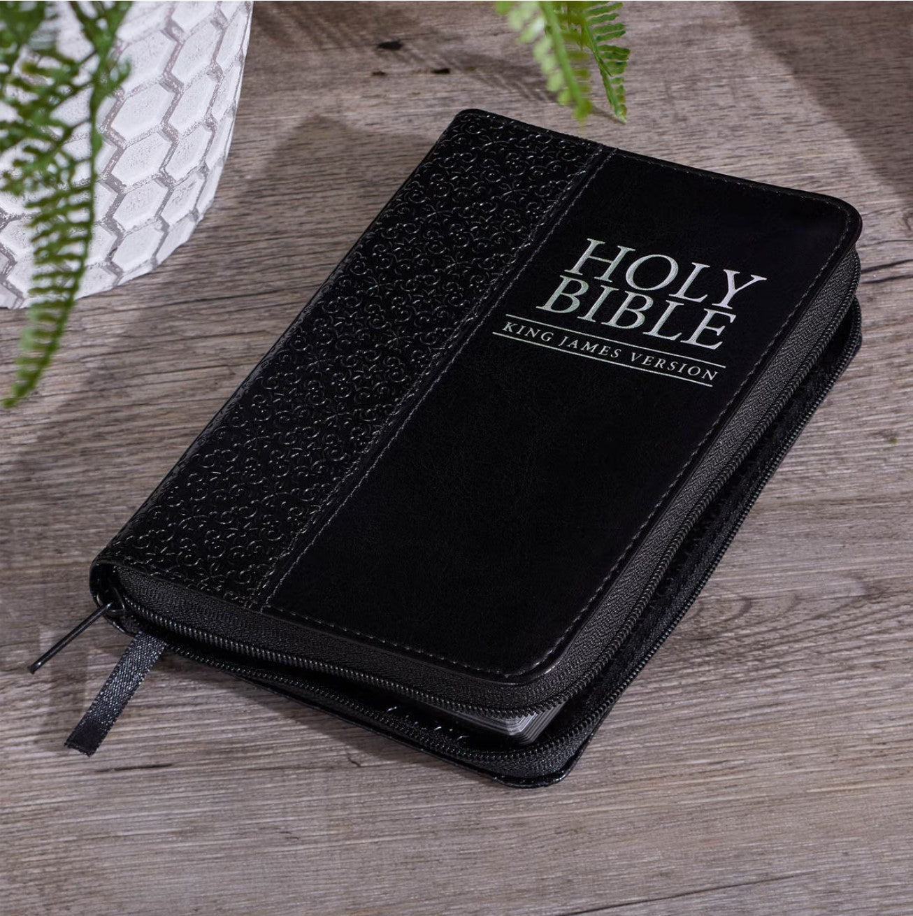 Bible-Black Faux Leather Compact King James Version Bible with Zippered Closure