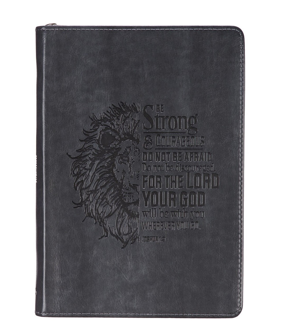 Journal-Be Strong and Courageous Classic Gray Faux Leather Journal with Zipper Closure - Joshua 1:9