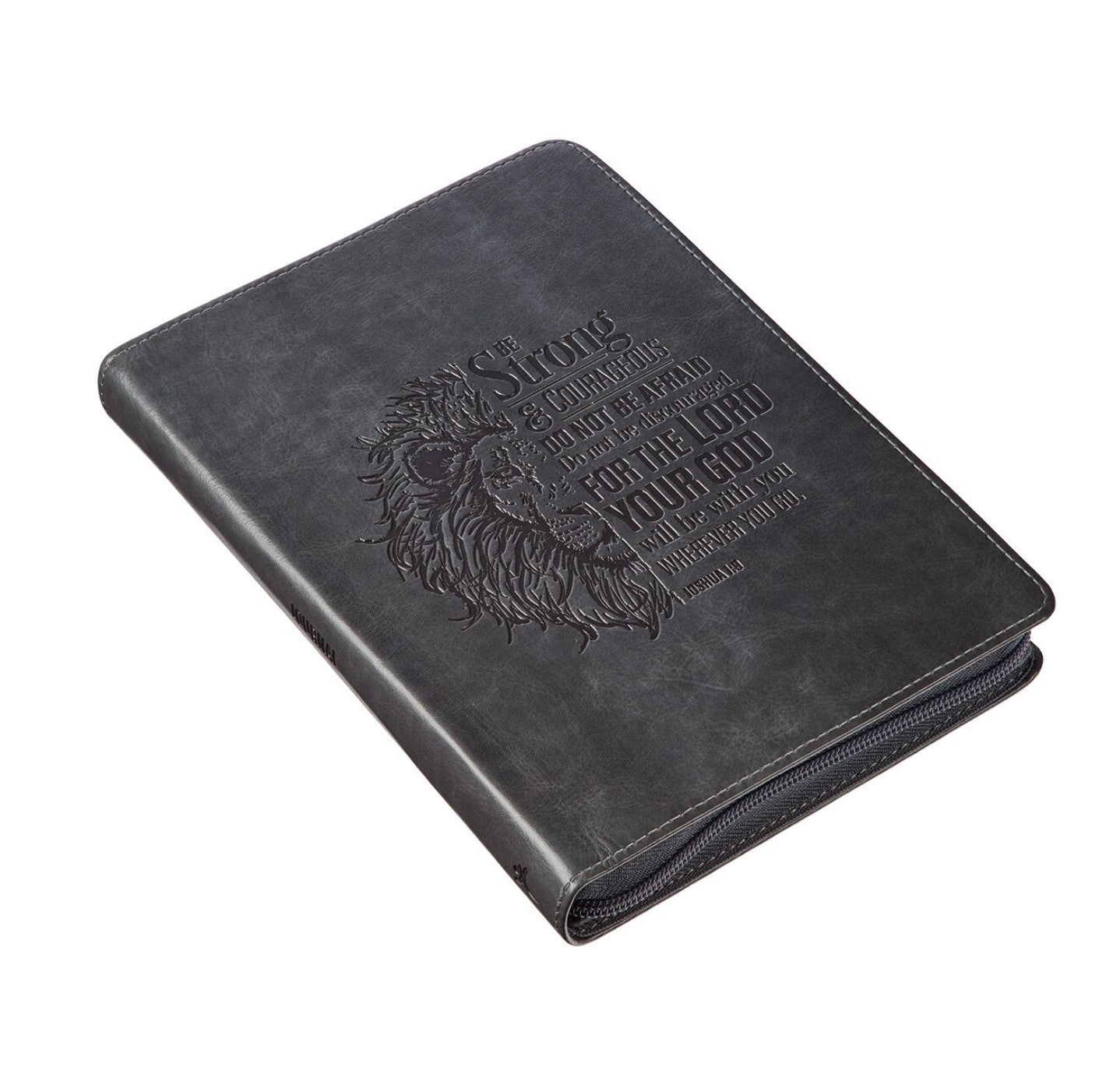 Journal-Be Strong and Courageous Classic Gray Faux Leather Journal with Zipper Closure - Joshua 1:9
