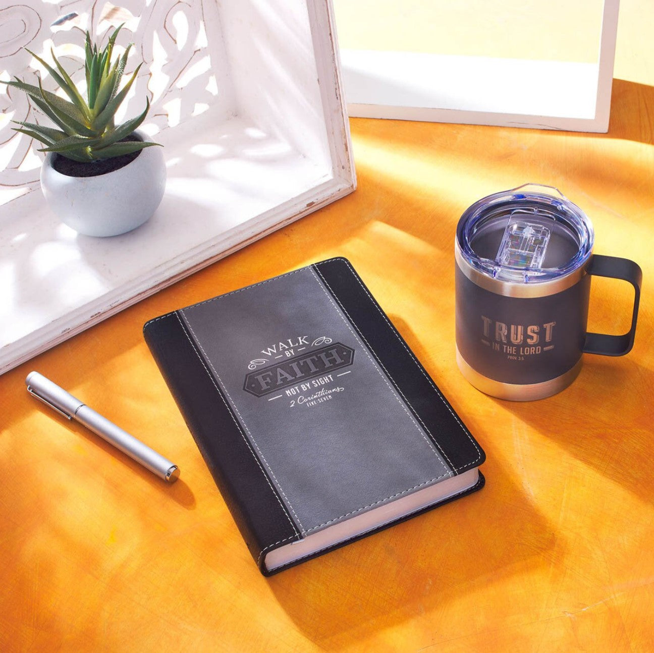 Journal-Walk by Faith Black and Gray Faux Leather Classic Journal - 2 Corinthians 5:7