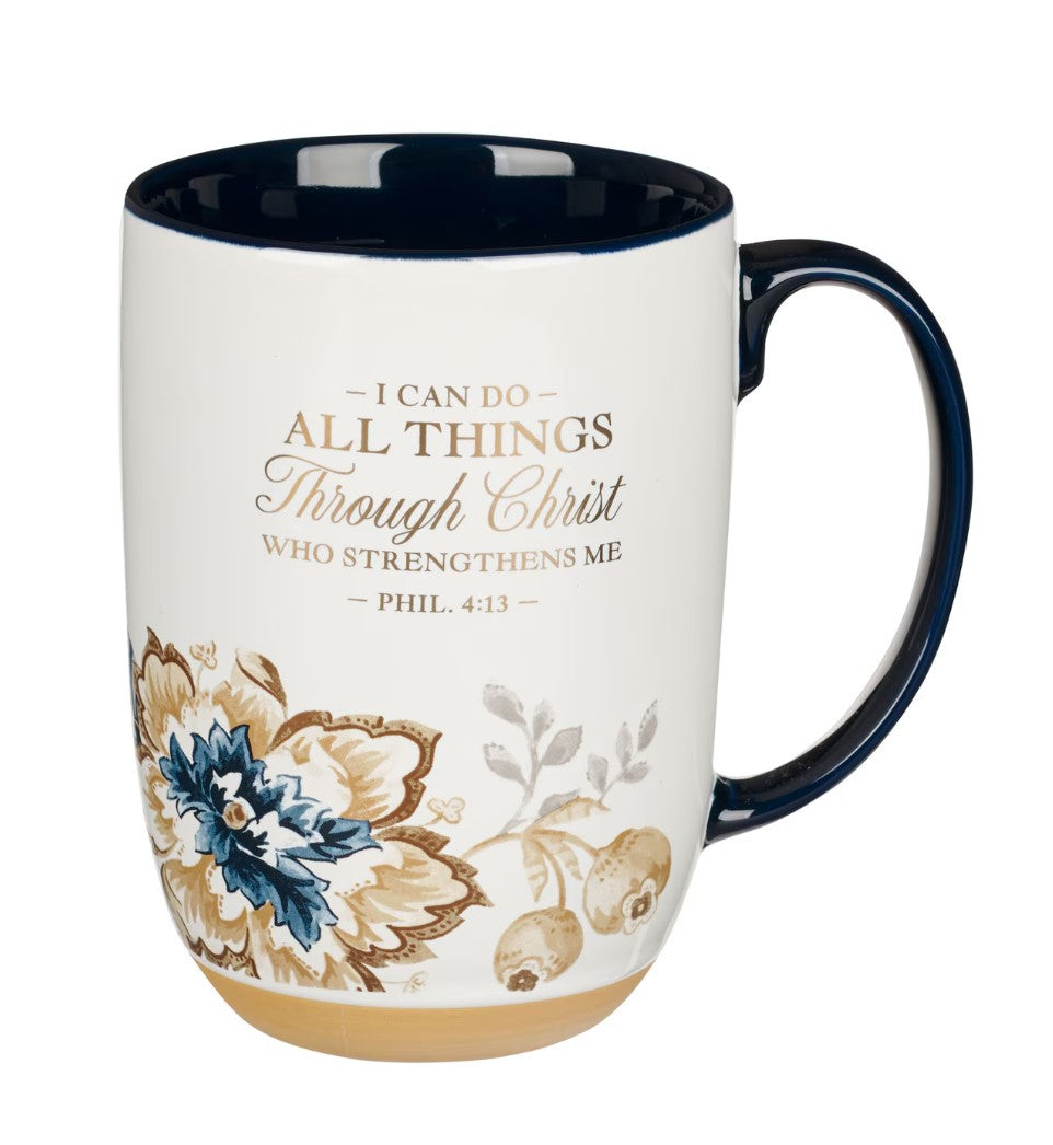Mug-I Can Do All Things Honey-brown and Blue Ceramic Mug with Exposed Clay Base - Philippians 4:13