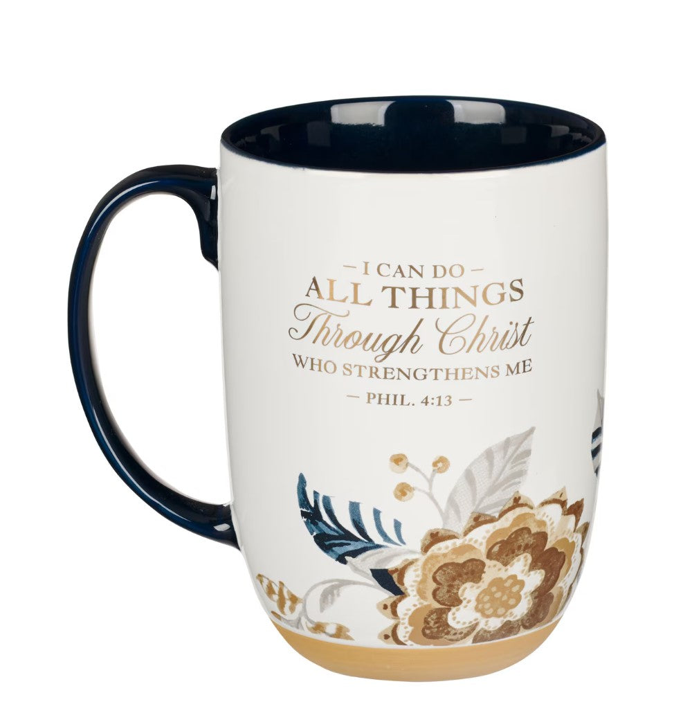 Mug-I Can Do All Things Honey-brown and Blue Ceramic Mug with Exposed Clay Base - Philippians 4:13