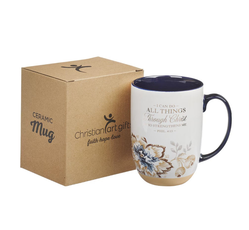 Mug-I Can Do All Things Honey-brown and Blue Ceramic Mug with Exposed Clay Base - Philippians 4:13