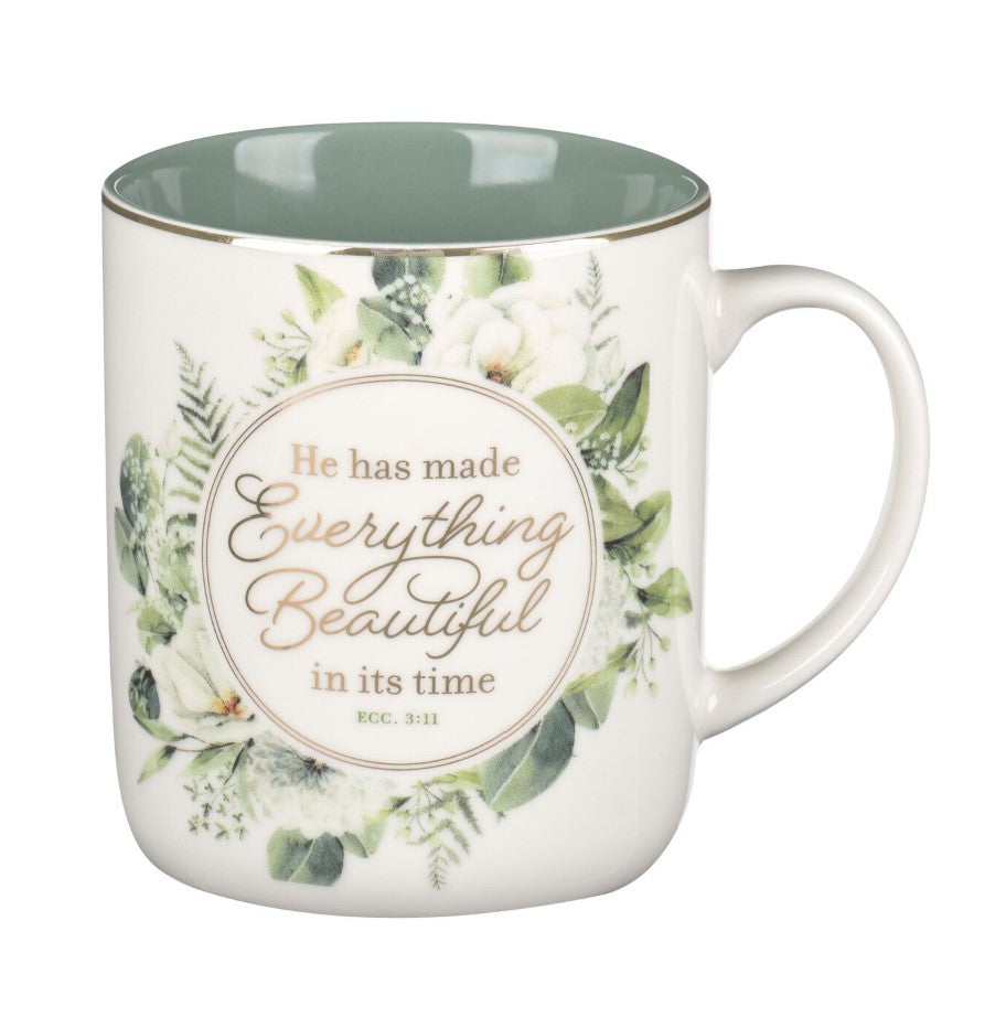 Mug-Everything Beautiful Green Wreath Ceramic Coffee Mug - Ecclesiastes 3:11