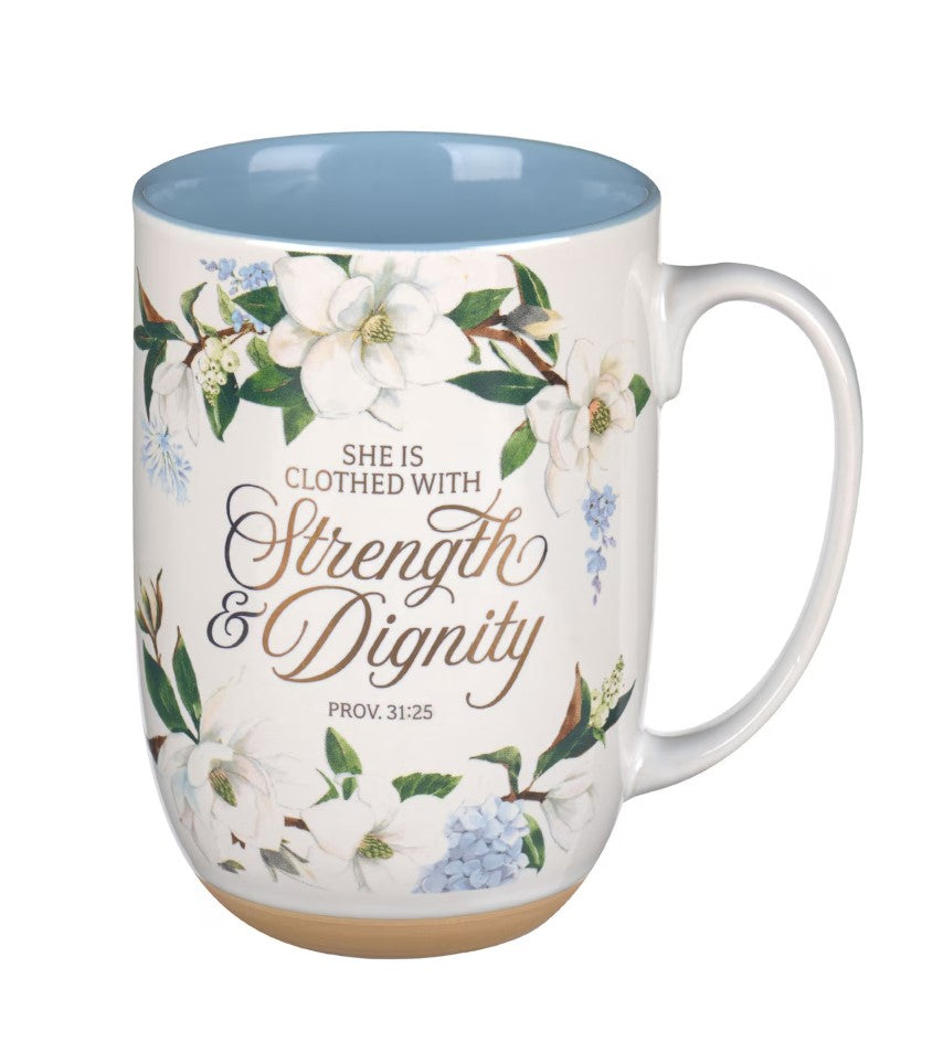 Mug-Strength and Dignity Blush Magnolia Ceramic Coffee Mug - Proverbs 31:25