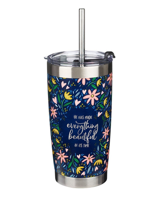 Mug-Everything Beautiful Stainless Steel Travel Mug with Reusable Stainless Steel Straw - Ecclesiastes 3:11