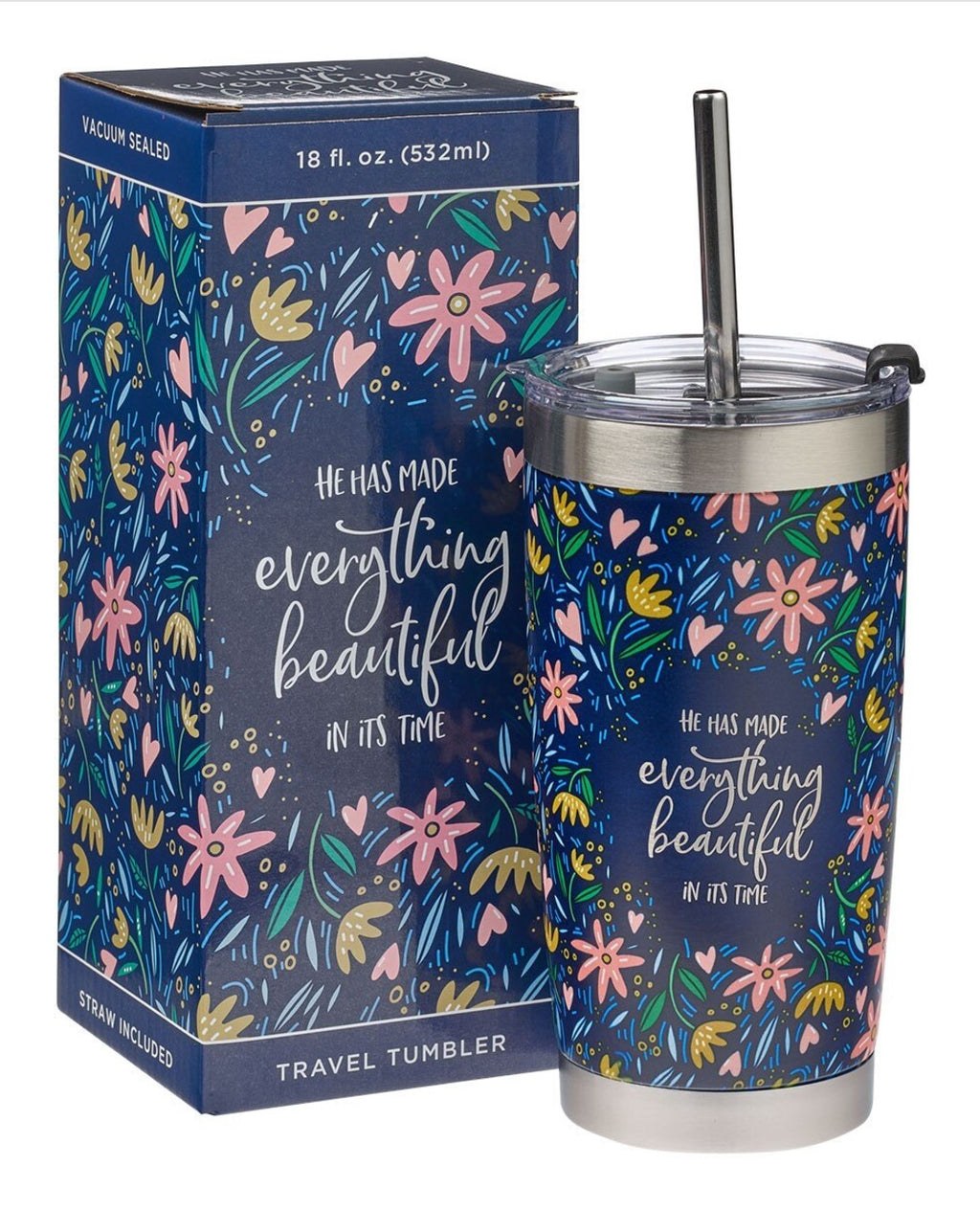Mug-Everything Beautiful Stainless Steel Travel Mug with Reusable Stainless Steel Straw - Ecclesiastes 3:11