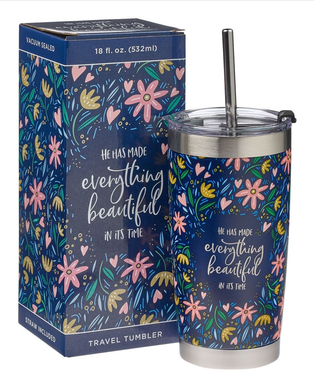 Mug-Everything Beautiful Stainless Steel Travel Mug with Reusable Stainless Steel Straw - Ecclesiastes 3:11