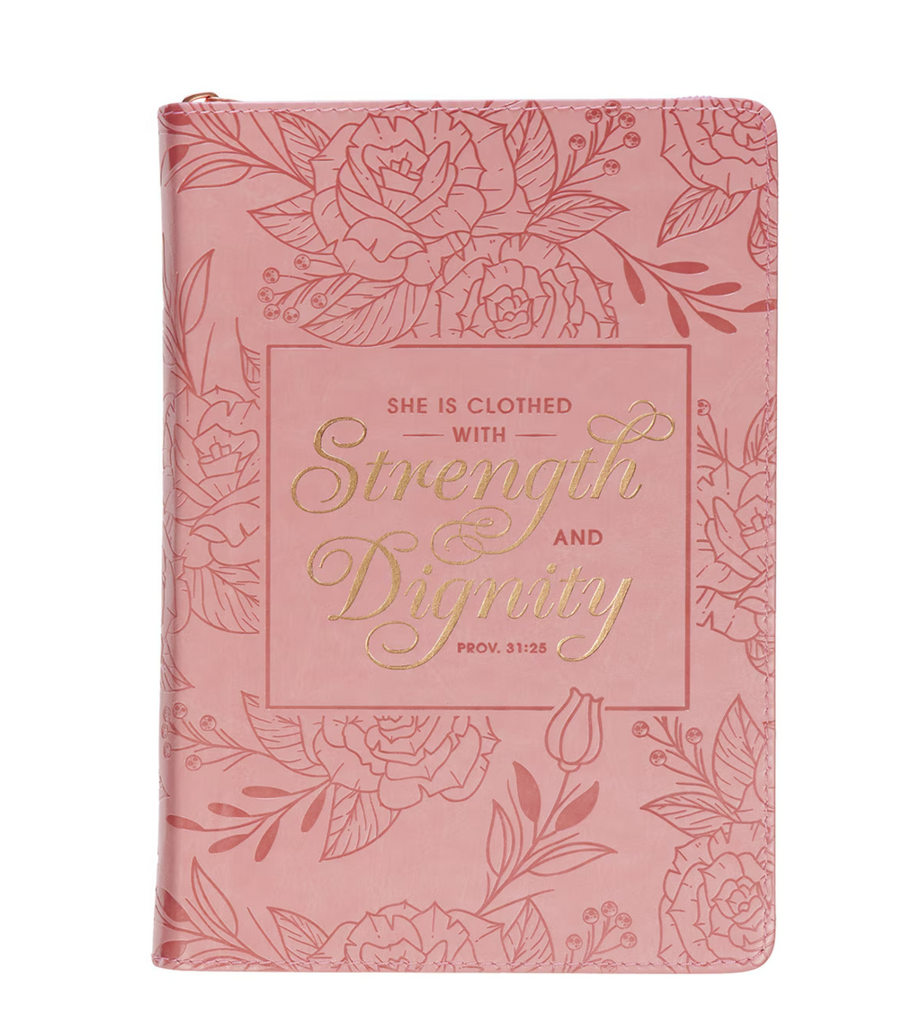 Journal-Strength and Dignity Peach Pink Faux Leather Classic Journal with Zipper Closure - Proverbs 31:25