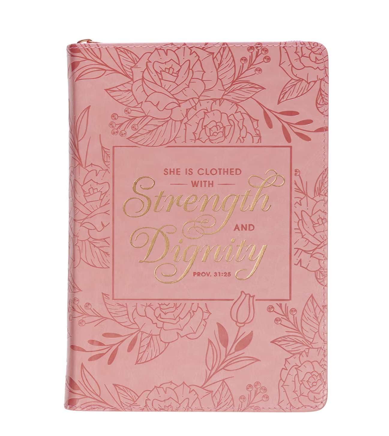 Journal-Strength and Dignity Peach Pink Faux Leather Classic Journal with Zipper Closure - Proverbs 31:25