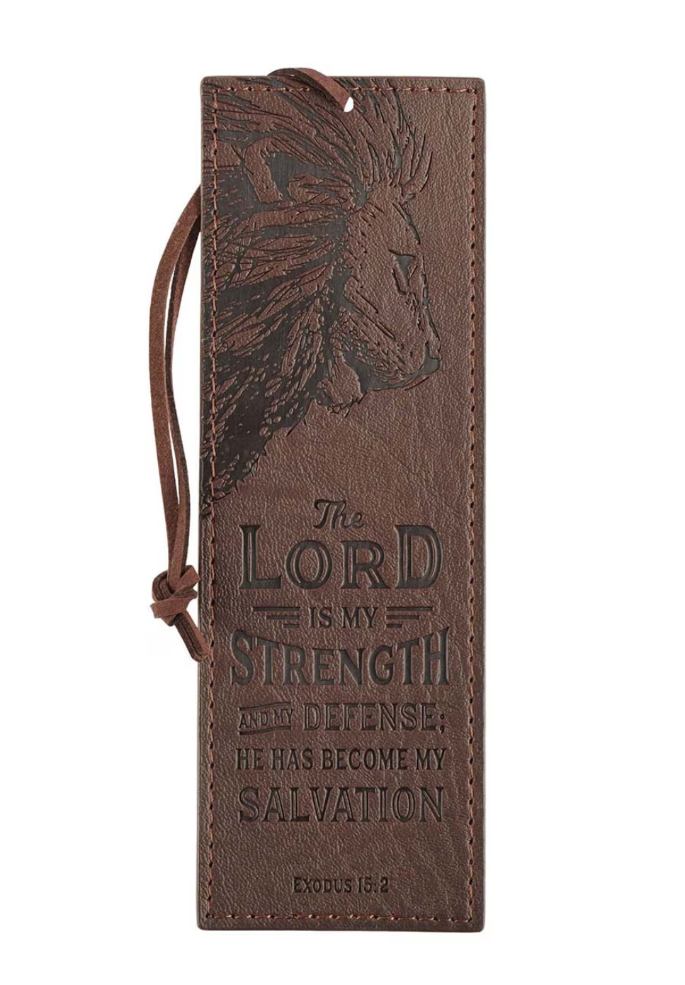 Bookmark-The Lord Is My Strength Walnut-Brown Faux Leather Bookmark- Exodus 15:2
