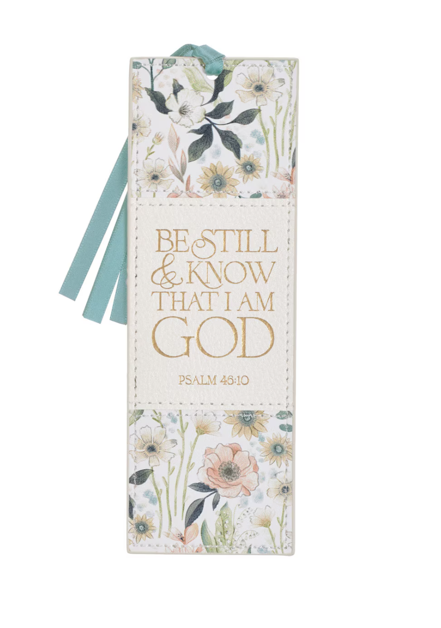 Bookmark-Be Still Teal Meadow Faux Leather Bookmark - Psalm 46:10
