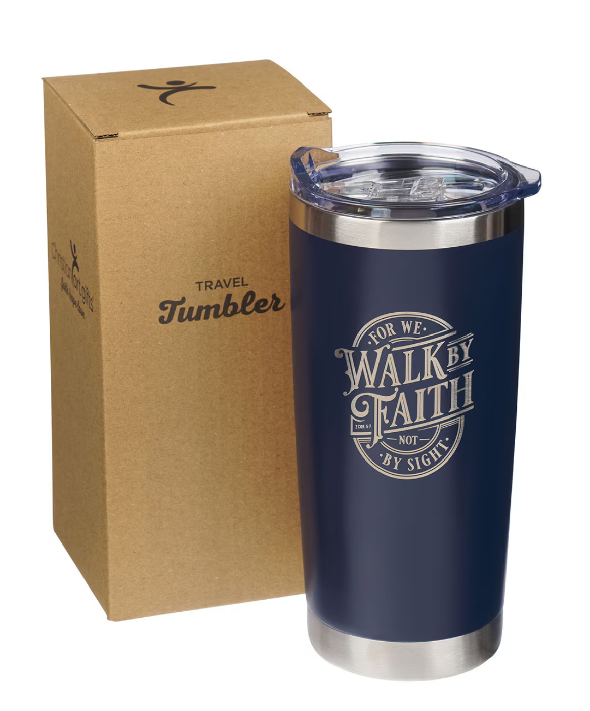 Mug-Walk By Faith Navy Stainless Steel Travel Tumbler - 2 Corinthians 5:7