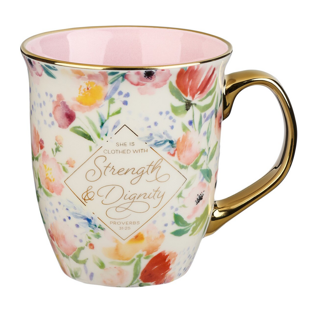 Mug-Strength and Dignity Pastel Floral Ceramic Coffee Mug - Proverbs 31:25