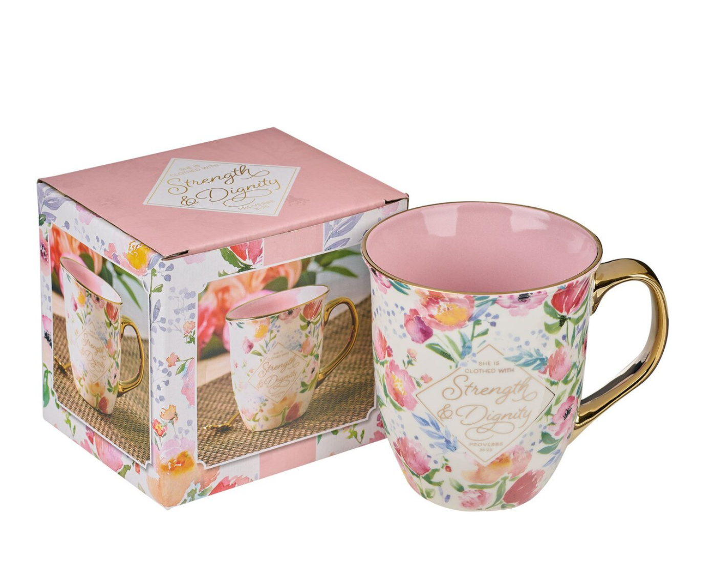 Mug-Strength and Dignity Pastel Floral Ceramic Coffee Mug - Proverbs 31:25