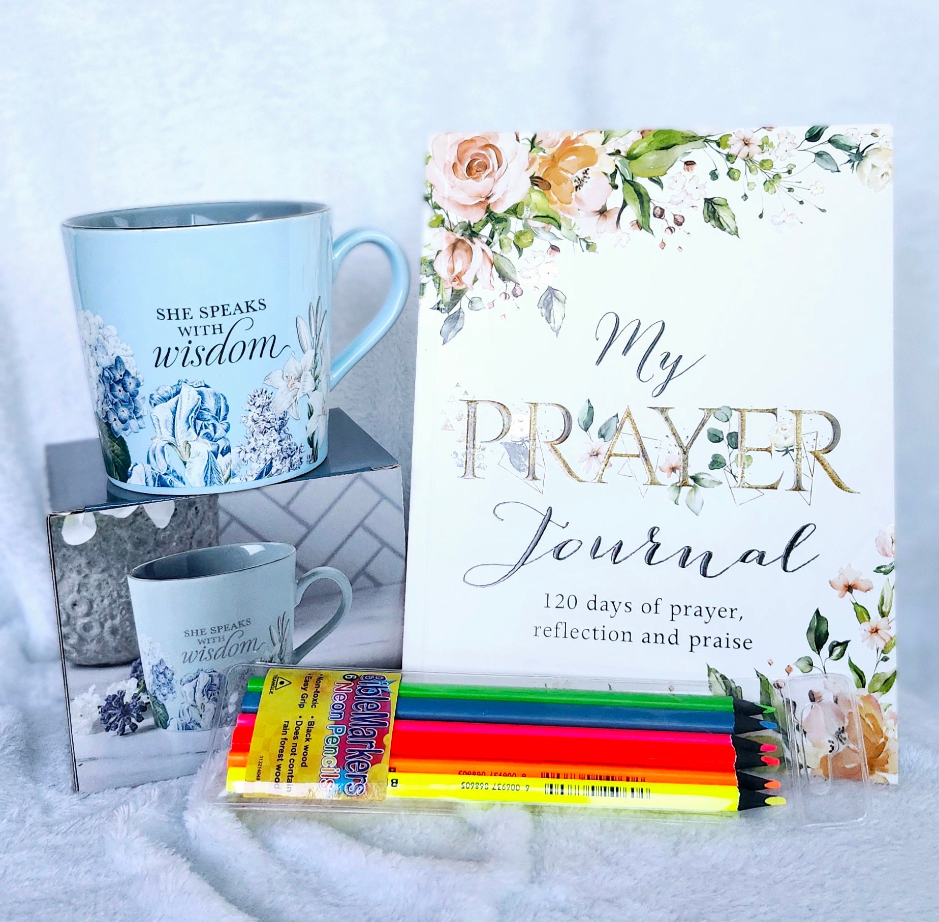 Gift Set- She Speaks With Wisdom Mug , Prayer Journal & Bible Marker