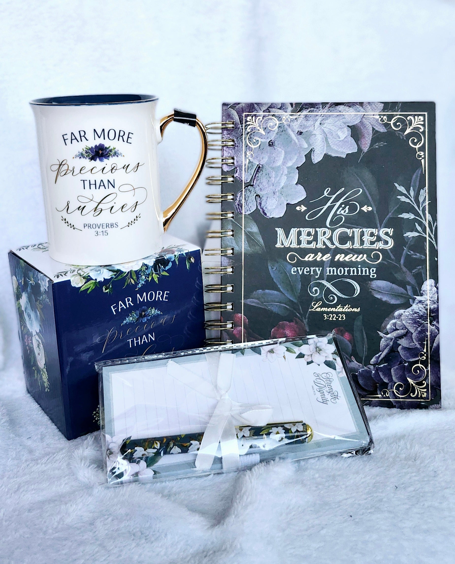 Gift Set- Far More Precious Than Rubies Mug , His Mercies Are New Every Morning Journal & Strength and Dignity Magnetic Notepad with Pen