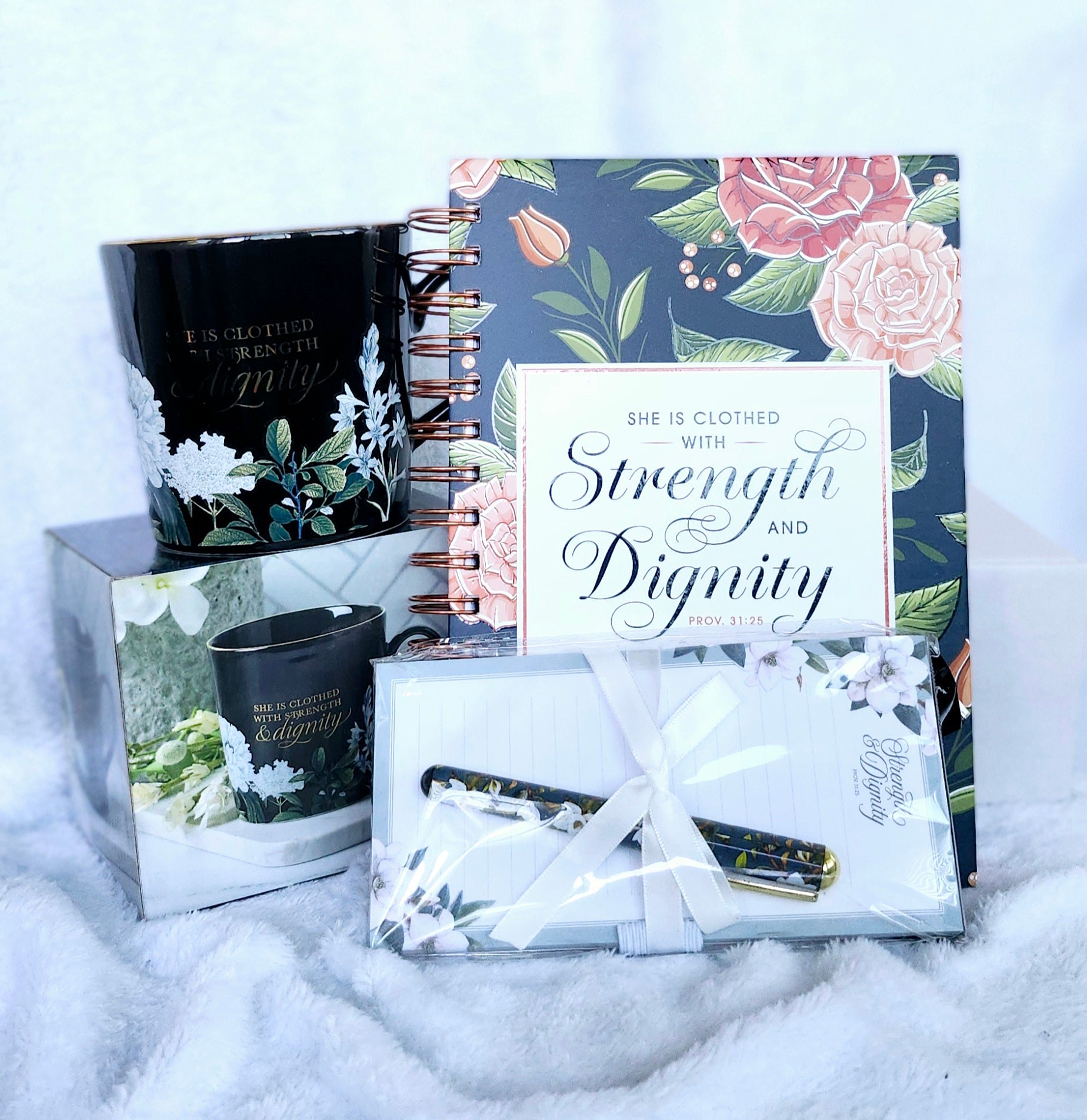 Gift Set- She Is Clothed With Strength and Dignity Mug , Journal & Magnetic Notepad with Pen